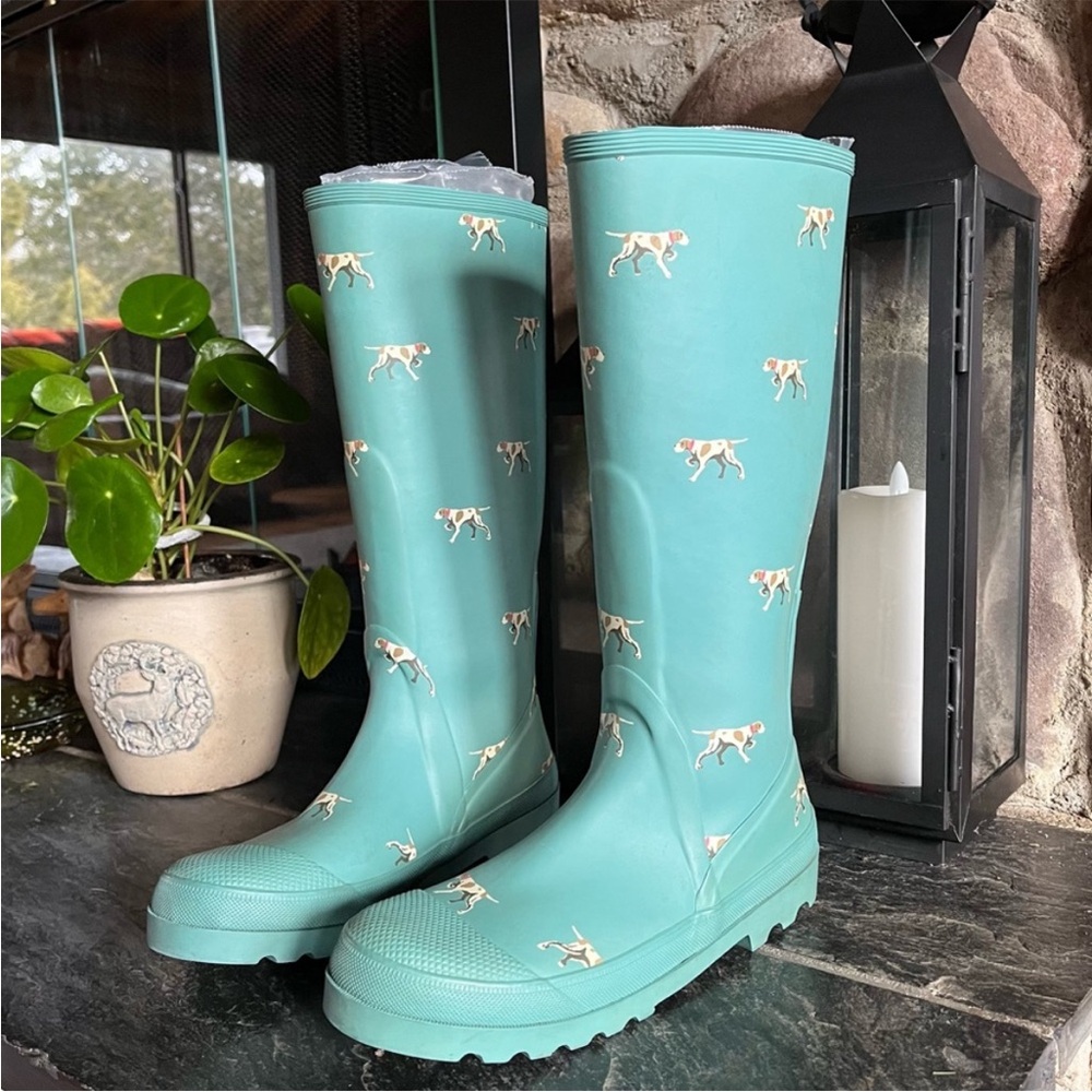 J Crew Hunting Pointer Dog Theme Rain Boots Size 10 Pull On Rubber Welleys - Picture 13 of 13